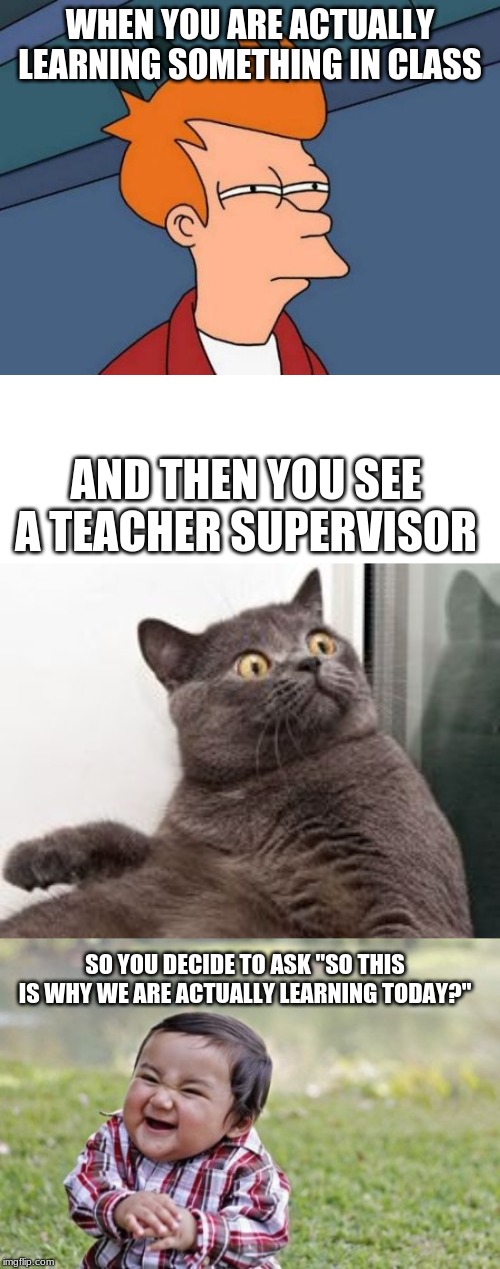 Comedy Gold | WHEN YOU ARE ACTUALLY LEARNING SOMETHING IN CLASS; AND THEN YOU SEE A TEACHER SUPERVISOR; SO YOU DECIDE TO ASK "SO THIS IS WHY WE ARE ACTUALLY LEARNING TODAY?" | image tagged in memes,middle school,humor,comedy gold | made w/ Imgflip meme maker