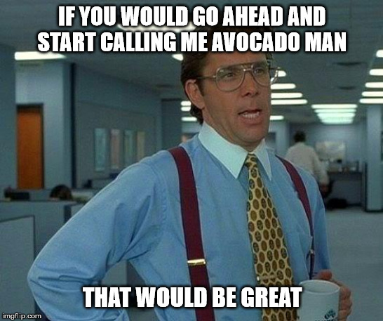 That Would Be Great Meme | IF YOU WOULD GO AHEAD AND START CALLING ME AVOCADO MAN; THAT WOULD BE GREAT | image tagged in memes,that would be great | made w/ Imgflip meme maker