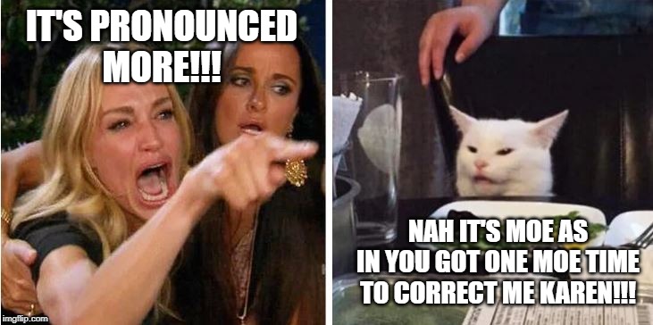 Cat Humor | IT'S PRONOUNCED
MORE!!! NAH IT'S MOE AS IN YOU GOT ONE MOE TIME TO CORRECT ME KAREN!!! | image tagged in humor | made w/ Imgflip meme maker