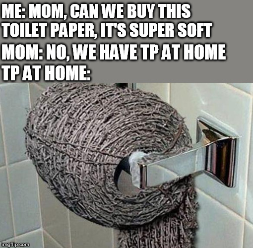 ME: MOM, CAN WE BUY THIS TOILET PAPER, IT'S SUPER SOFT TP AT HOME: MOM: NO, WE HAVE TP AT HOME | made w/ Imgflip meme maker
