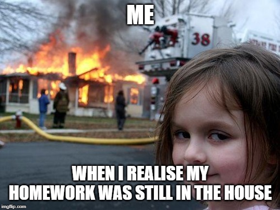 Disaster Girl | ME; WHEN I REALISE MY HOMEWORK WAS STILL IN THE HOUSE | image tagged in memes,disaster girl | made w/ Imgflip meme maker