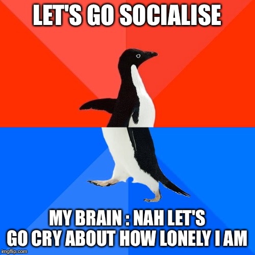 Socially Awesome Awkward Penguin Meme | LET'S GO SOCIALISE; MY BRAIN : NAH LET'S GO CRY ABOUT HOW LONELY I AM | image tagged in memes,socially awesome awkward penguin | made w/ Imgflip meme maker