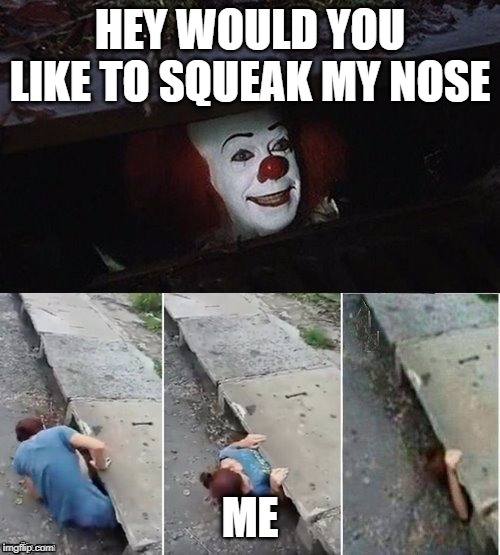 Pennywise | HEY WOULD YOU LIKE TO SQUEAK MY NOSE; ME | image tagged in pennywise | made w/ Imgflip meme maker