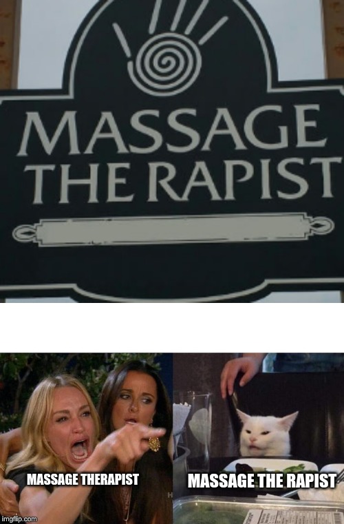 MASSAGE THERAPIST; MASSAGE THE RAPIST | image tagged in memes,woman yelling at cat | made w/ Imgflip meme maker