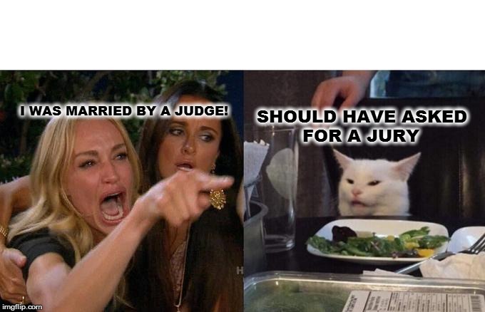 Woman Yelling At Cat Meme | I WAS MARRIED BY A JUDGE! SHOULD HAVE ASKED 
        FOR A JURY | image tagged in memes,woman yelling at cat | made w/ Imgflip meme maker