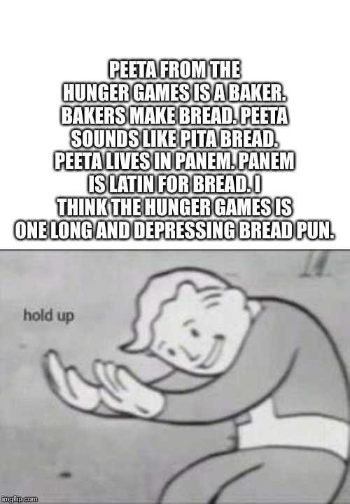 The Hunger Games Bread Pun |  PEETA FROM THE HUNGER GAMES IS A BAKER. BAKERS MAKE BREAD. PEETA SOUNDS LIKE PITA BREAD. PEETA LIVES IN PANEM. PANEM IS LATIN FOR BREAD. I THINK THE HUNGER GAMES IS ONE LONG AND DEPRESSING BREAD PUN. | image tagged in fallout hold up,the hunger games | made w/ Imgflip meme maker