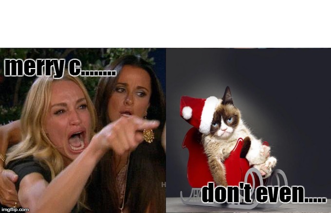 Woman Yelling At Cat Meme | merry c........ don't even..... | image tagged in woman yelling at cat,christmas memes,funny memes,grumpy cat christmas,grumpy cat,funny meme | made w/ Imgflip meme maker