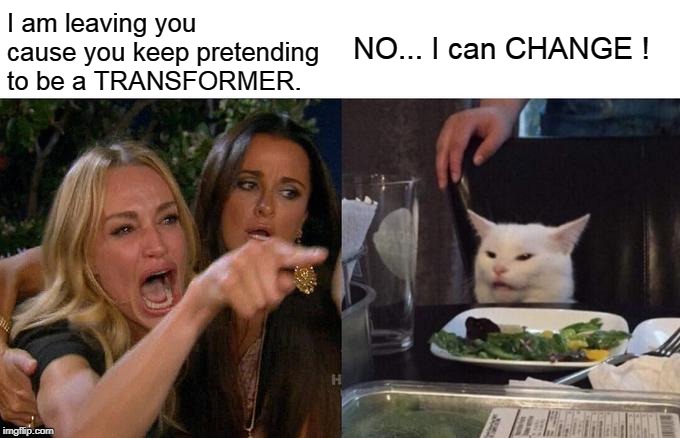 Woman Yelling At Cat Meme | I am leaving you cause you keep pretending to be a TRANSFORMER. NO... I can CHANGE ! | image tagged in memes,woman yelling at cat | made w/ Imgflip meme maker