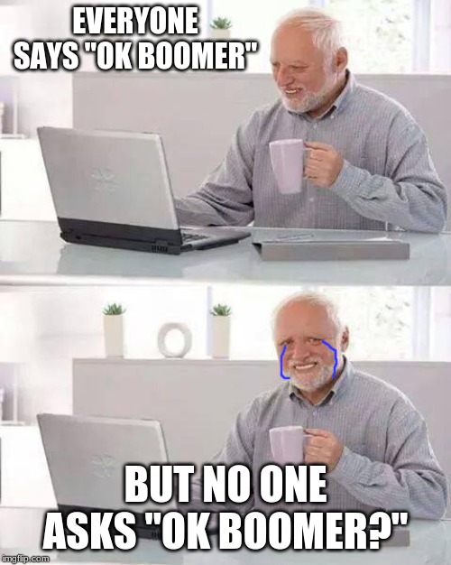 Hide the Pain Harold | EVERYONE SAYS "OK BOOMER"; BUT NO ONE ASKS "OK BOOMER?" | image tagged in memes,hide the pain harold | made w/ Imgflip meme maker