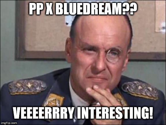 Colonel Klink Thinking | PP X BLUEDREAM?? VEEEERRRY INTERESTING! | image tagged in colonel klink thinking | made w/ Imgflip meme maker