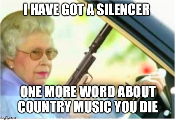 grandma gun weeb killer | I HAVE GOT A SILENCER; ONE MORE WORD ABOUT COUNTRY MUSIC YOU DIE | image tagged in grandma gun weeb killer | made w/ Imgflip meme maker