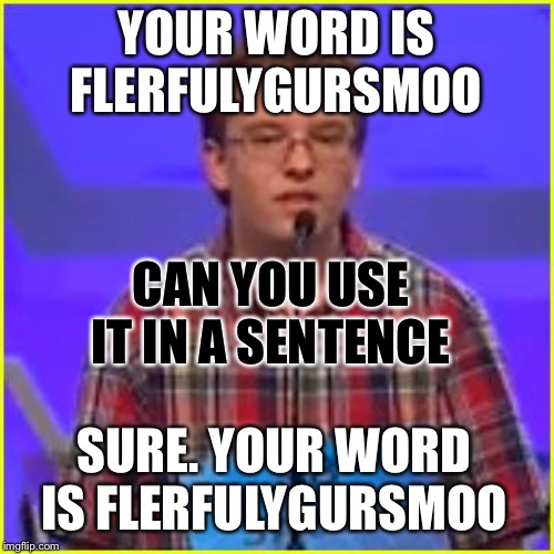 Spelling Bee | YOUR WORD IS FLERFULYGURSMOO; CAN YOU USE IT IN A SENTENCE; SURE. YOUR WORD IS FLERFULYGURSMOO | image tagged in spelling bee | made w/ Imgflip meme maker