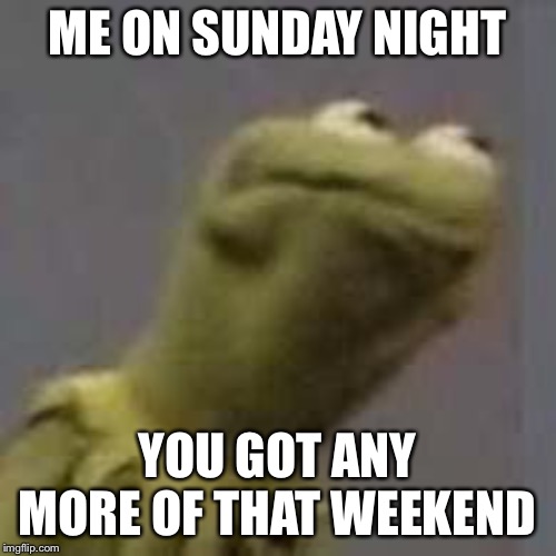 Kermit questionable face | ME ON SUNDAY NIGHT; YOU GOT ANY MORE OF THAT WEEKEND | image tagged in kermit questionable face | made w/ Imgflip meme maker
