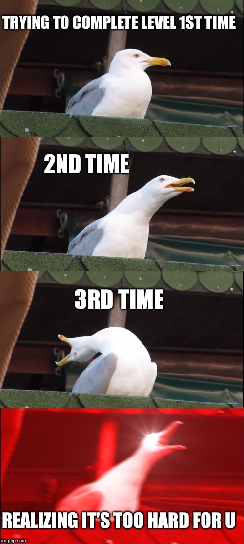 Inhaling Seagull Meme | TRYING TO COMPLETE LEVEL 1ST TIME; 2ND TIME; 3RD TIME; REALIZING IT'S TOO HARD FOR U | image tagged in memes,inhaling seagull | made w/ Imgflip meme maker