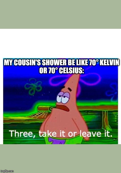Patrick Take it or leave it | MY COUSIN'S SHOWER BE LIKE 70° KELVIN
OR 70° CELSIUS: | image tagged in patrick take it or leave it | made w/ Imgflip meme maker