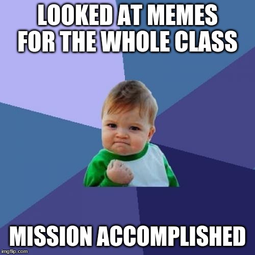 Success Kid | LOOKED AT MEMES FOR THE WHOLE CLASS; MISSION ACCOMPLISHED | image tagged in memes,success kid | made w/ Imgflip meme maker
