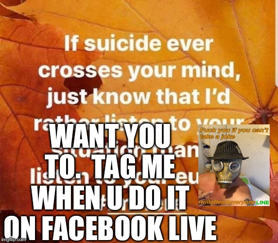 WANT YOU TO.  TAG ME WHEN U DO IT ON FACEBOOK LIVE | image tagged in suicide,suicide help,i will offend everyone,funny | made w/ Imgflip meme maker