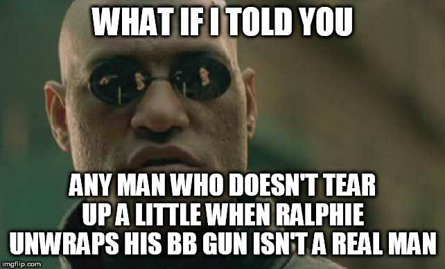 Matrix Morpheus Meme | WHAT IF I TOLD YOU; ANY MAN WHO DOESN'T TEAR UP A LITTLE WHEN RALPHIE UNWRAPS HIS BB GUN ISN'T A REAL MAN | image tagged in memes,matrix morpheus | made w/ Imgflip meme maker