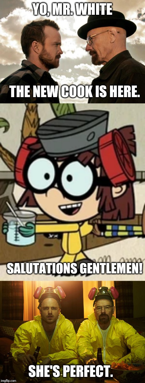 Lisa cooks meth | YO, MR. WHITE; THE NEW COOK IS HERE. SALUTATIONS GENTLEMEN! SHE'S PERFECT. | image tagged in the loud house,breaking bad,funny | made w/ Imgflip meme maker