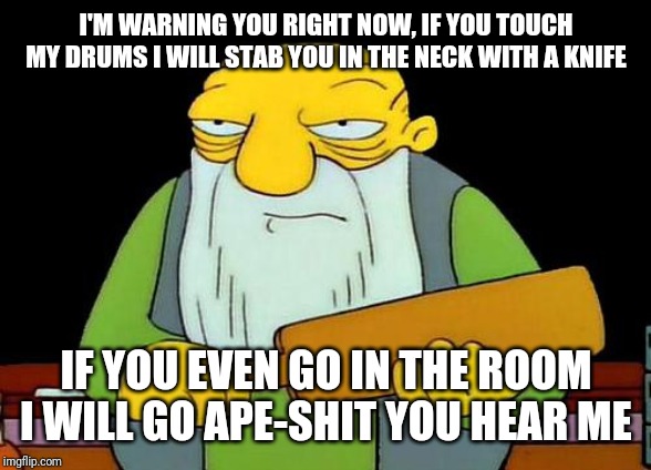 That's a paddlin' | I'M WARNING YOU RIGHT NOW, IF YOU TOUCH MY DRUMS I WILL STAB YOU IN THE NECK WITH A KNIFE; IF YOU EVEN GO IN THE ROOM I WILL GO APE-SHIT YOU HEAR ME | image tagged in memes,that's a paddlin',savage memes,funny memes,funny,dank memes | made w/ Imgflip meme maker