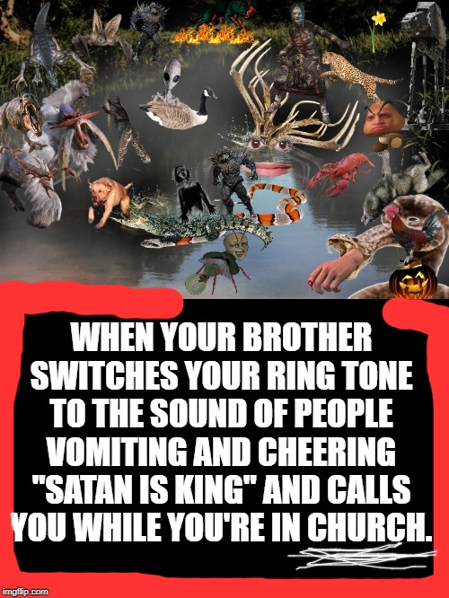 NOPE Dog! | WHEN YOUR BROTHER SWITCHES YOUR RING TONE TO THE SOUND OF PEOPLE VOMITING AND CHEERING "SATAN IS KING" AND CALLS YOU WHILE YOU'RE IN CHURCH. | image tagged in nope dog | made w/ Imgflip meme maker