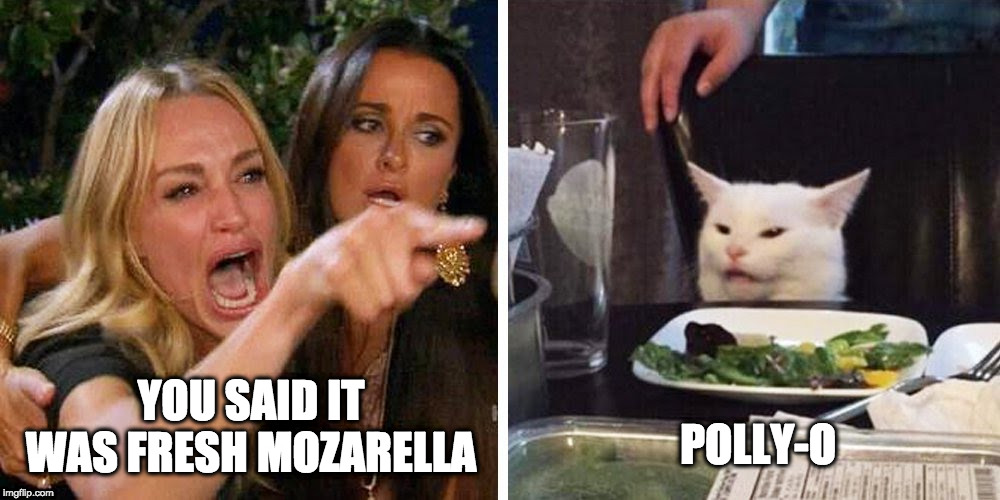 Smudge the cat | YOU SAID IT WAS FRESH MOZARELLA; POLLY-O | image tagged in smudge the cat | made w/ Imgflip meme maker