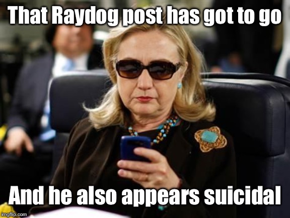 Hillary Clinton Cellphone Meme | That Raydog post has got to go And he also appears suicidal | image tagged in memes,hillary clinton cellphone | made w/ Imgflip meme maker