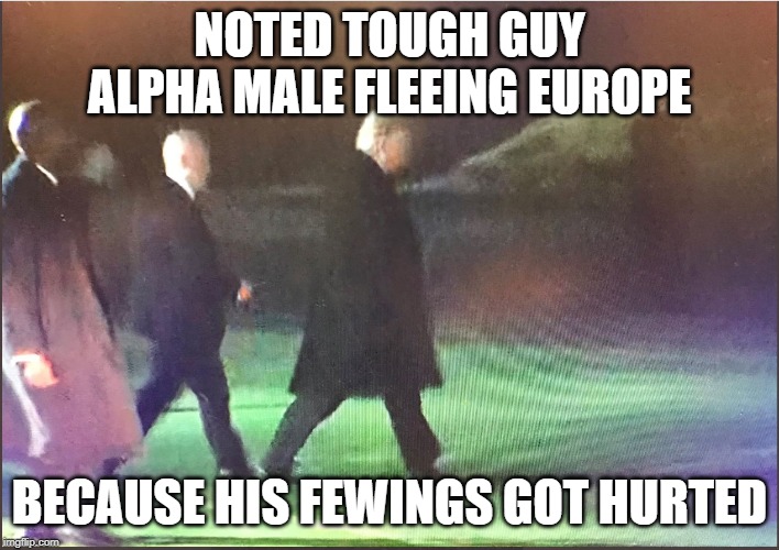 Pictured Here | NOTED TOUGH GUY ALPHA MALE FLEEING EUROPE; BECAUSE HIS FEWINGS GOT HURTED | image tagged in donald trump,donald trump is an idiot | made w/ Imgflip meme maker