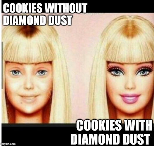 With or without diamond dust | COOKIES WITHOUT DIAMOND DUST; COOKIES WITH DIAMOND DUST | image tagged in diamond,barbie,sugar,makeup | made w/ Imgflip meme maker