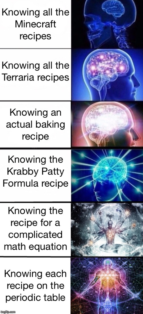 Recipes | image tagged in minecraft,exploding brain,terraria,krabby patty | made w/ Imgflip meme maker