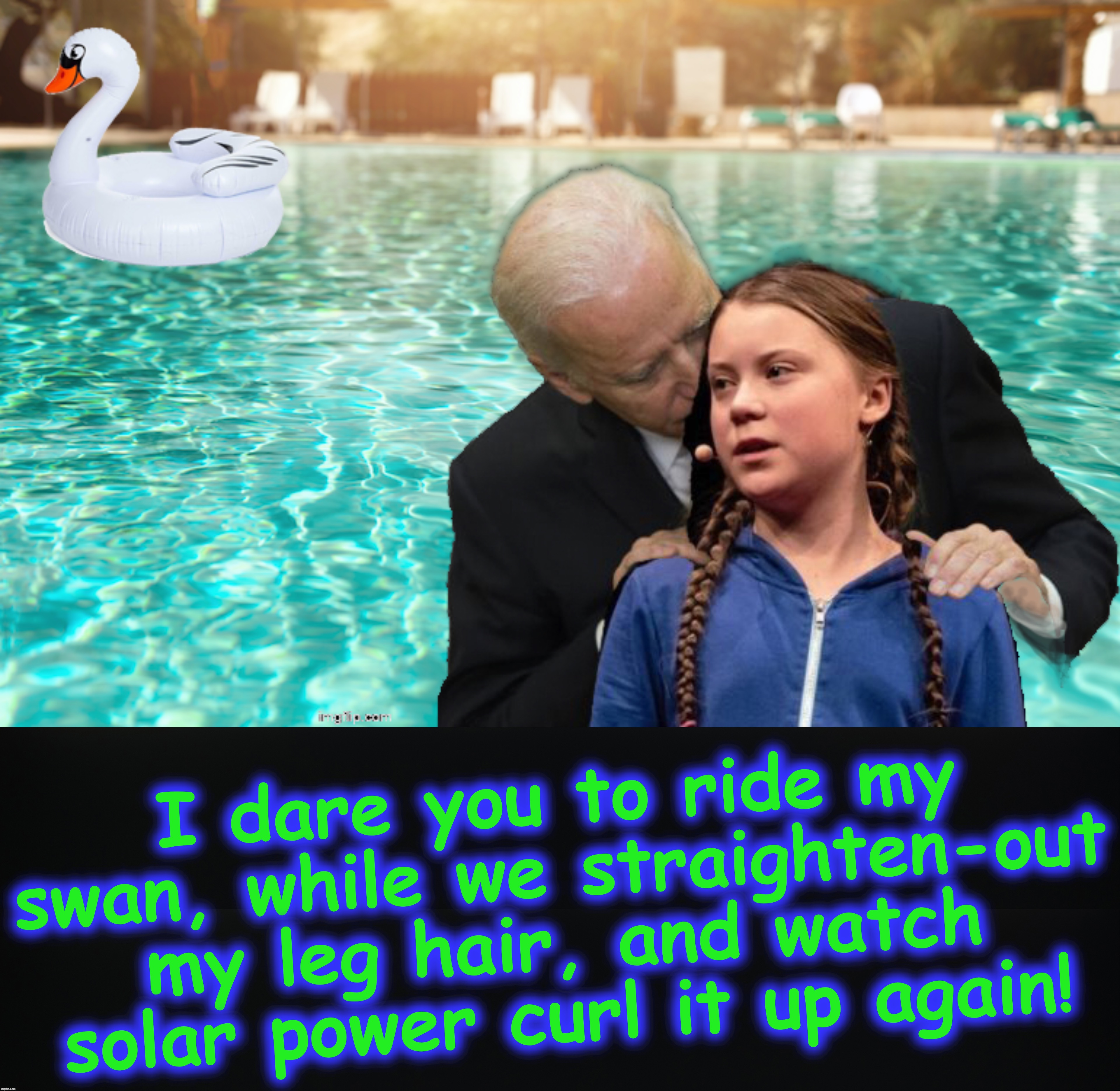 I dare you to ride my swan, while we straighten-out my leg hair, and watch solar power curl it up again! | image tagged in joe biden,how dare you | made w/ Imgflip meme maker