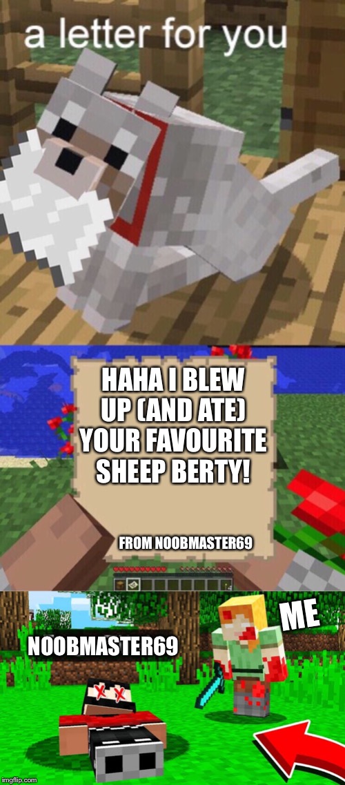 NOBODY KILLS BERTY! | HAHA I BLEW UP (AND ATE) YOUR FAVOURITE SHEEP BERTY! FROM NOOBMASTER69; ME; NOOBMASTER69 | image tagged in minecraft mail,minecraft,steve,sheep,berty,minecraft kill | made w/ Imgflip meme maker