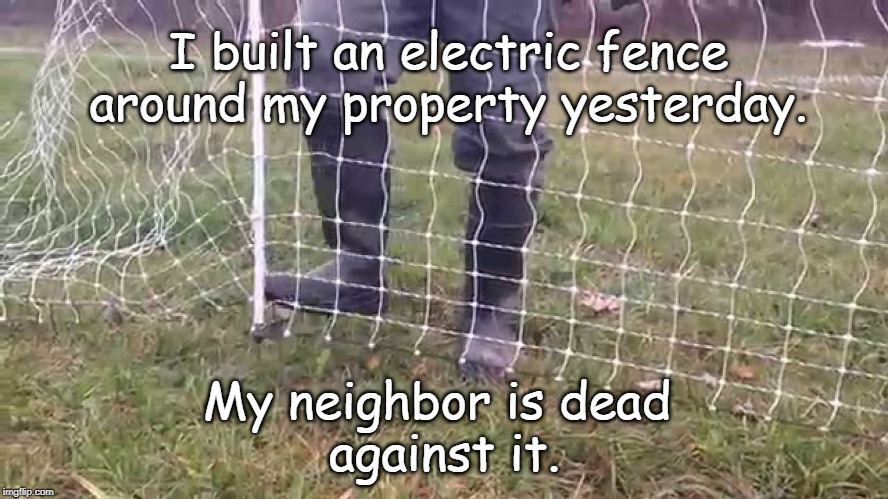 electric fence | I built an electric fence around my property yesterday. My neighbor is dead 
against it. | image tagged in funny | made w/ Imgflip meme maker