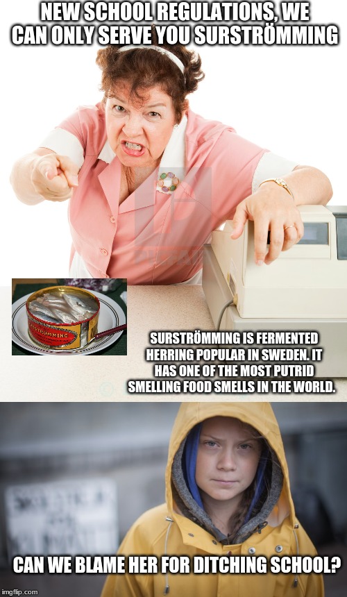 The real reason Greta is skipping school | NEW SCHOOL REGULATIONS, WE CAN ONLY SERVE YOU SURSTRÖMMING; SURSTRÖMMING IS FERMENTED HERRING POPULAR IN SWEDEN. IT HAS ONE OF THE MOST PUTRID SMELLING FOOD SMELLS IN THE WORLD. CAN WE BLAME HER FOR DITCHING SCHOOL? | image tagged in angry greta | made w/ Imgflip meme maker