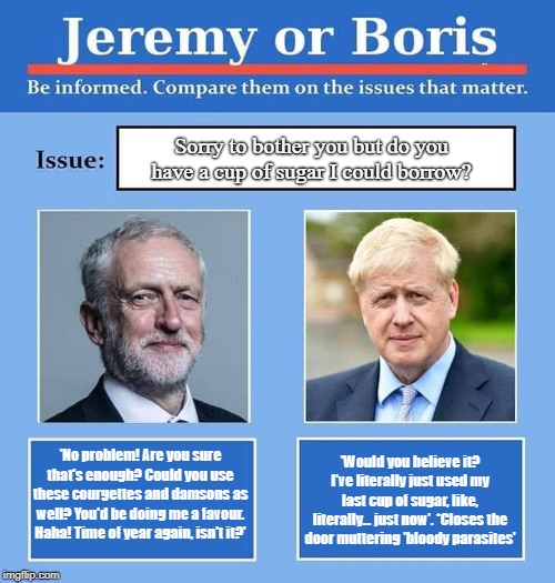Jeremy or Boris | Sorry to bother you but do you have a cup of sugar I could borrow? 'No problem! Are you sure that's enough? Could you use these courgettes and damsons as well? You'd be doing me a favour. Haha! Time of year again, isn't it?'; 'Would you believe it? I've literally just used my last cup of sugar, like, literally... just now'. *Closes the door muttering 'bloody parasites' | image tagged in jeremy or boris | made w/ Imgflip meme maker