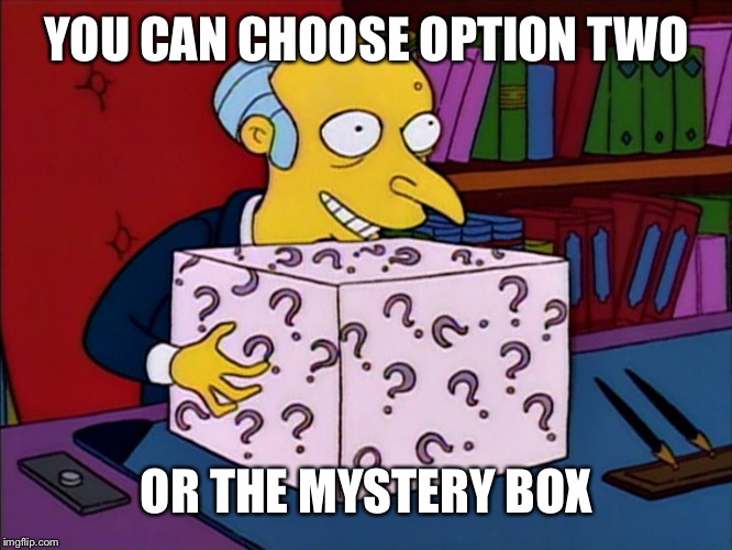 Mystery box burns | YOU CAN CHOOSE OPTION TWO; OR THE MYSTERY BOX | image tagged in mystery box burns | made w/ Imgflip meme maker