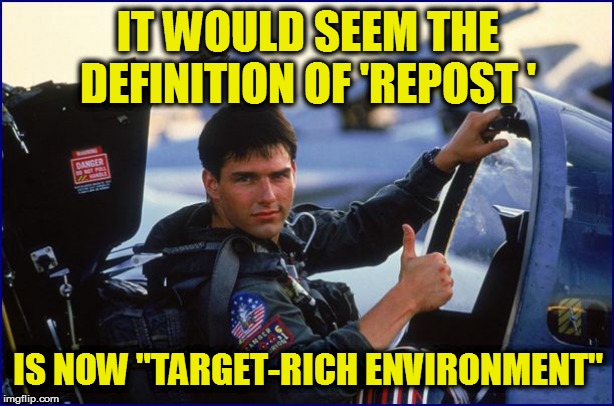 IT WOULD SEEM THE DEFINITION OF 'REPOST ' IS NOW "TARGET-RICH ENVIRONMENT" | made w/ Imgflip meme maker
