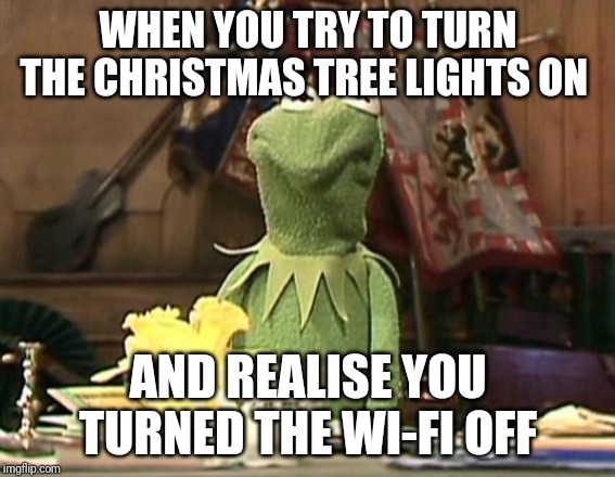 Annoyed Kermit | WHEN YOU TRY TO TURN THE CHRISTMAS TREE LIGHTS ON; AND REALISE YOU TURNED THE WI-FI OFF | image tagged in annoyed kermit | made w/ Imgflip meme maker