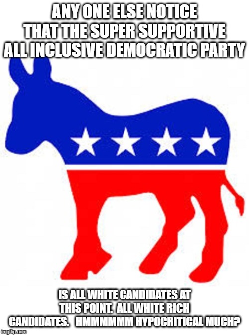 Democrat donkey | ANY ONE ELSE NOTICE THAT THE SUPER SUPPORTIVE ALL INCLUSIVE DEMOCRATIC PARTY; IS ALL WHITE CANDIDATES AT THIS POINT.  ALL WHITE RICH CANDIDATES.   HMMMMMM HYPOCRITICAL MUCH? | image tagged in democrat donkey | made w/ Imgflip meme maker