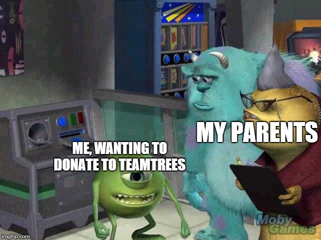 Mike wazowski trying to explain | MY PARENTS; ME, WANTING TO DONATE TO TEAMTREES | image tagged in mike wazowski trying to explain | made w/ Imgflip meme maker