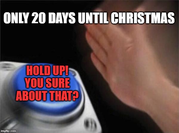 At best only 13 of them are non-weekend shopping days | ONLY 20 DAYS UNTIL CHRISTMAS; HOLD UP!
YOU SURE ABOUT THAT? | image tagged in memes,blank nut button,christmas,coming soon | made w/ Imgflip meme maker