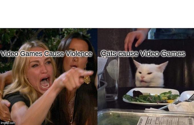 Woman Yelling At Cat Meme | Cats cause Video Games; Video Games Cause Violence | image tagged in memes,woman yelling at cat | made w/ Imgflip meme maker