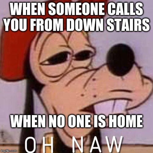OH NAW | WHEN SOMEONE CALLS YOU FROM DOWN STAIRS; WHEN NO ONE IS HOME | image tagged in oh naw | made w/ Imgflip meme maker