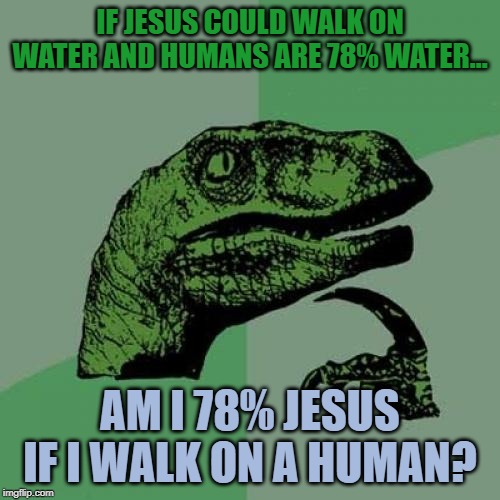 Philosoraptor Meme | IF JESUS COULD WALK ON WATER AND HUMANS ARE 78% WATER... AM I 78% JESUS IF I WALK ON A HUMAN? | image tagged in memes,philosoraptor | made w/ Imgflip meme maker