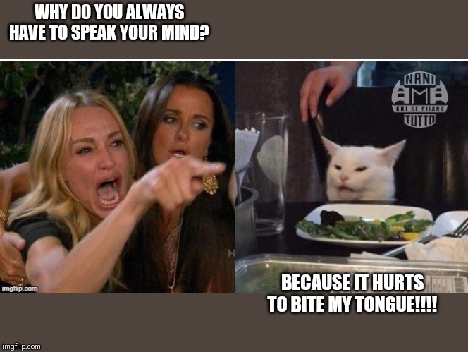 white cat table | WHY DO YOU ALWAYS HAVE TO SPEAK YOUR MIND? BECAUSE IT HURTS TO BITE MY TONGUE!!!! | image tagged in white cat table | made w/ Imgflip meme maker
