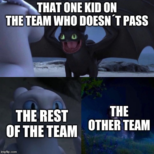 HTTYD Thumbs up | THAT ONE KID ON THE TEAM WHO DOESN´T PASS; THE OTHER TEAM; THE REST OF THE TEAM | image tagged in httyd thumbs up | made w/ Imgflip meme maker