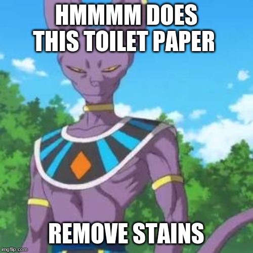 Lord Beerus | HMMMM DOES THIS TOILET PAPER REMOVE STAINS | image tagged in lord beerus | made w/ Imgflip meme maker