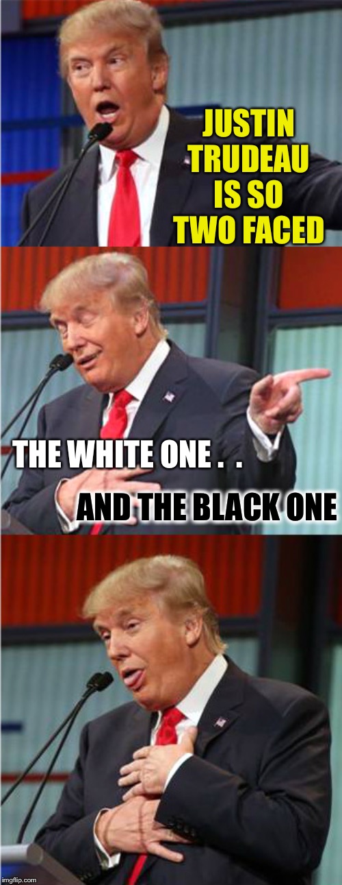 It’s all Trudeau.Believe it. | JUSTIN TRUDEAU IS SO TWO FACED; THE WHITE ONE .  . AND THE BLACK ONE | image tagged in bad pun trump,black face,justin trudeau,donald trump,insults | made w/ Imgflip meme maker