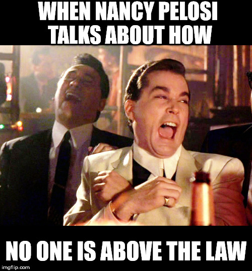 Good Fellas Hilarious | WHEN NANCY PELOSI  TALKS ABOUT HOW; NO ONE IS ABOVE THE LAW | image tagged in memes,good fellas hilarious,nancy pelosi,one does not simply,crazy,trump impeachment | made w/ Imgflip meme maker