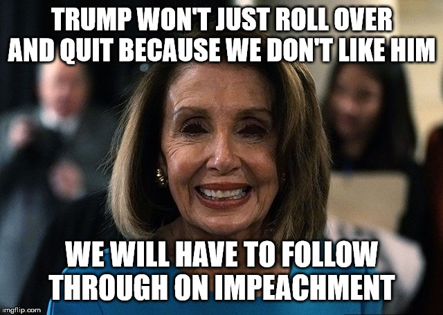 These people have lost their damn minds... | TRUMP WON'T JUST ROLL OVER AND QUIT BECAUSE WE DON'T LIKE HIM; WE WILL HAVE TO FOLLOW THROUGH ON IMPEACHMENT | image tagged in nancy pelosi lifeless eyes,trump 2020,trump impeachment,democrats,donald trump | made w/ Imgflip meme maker
